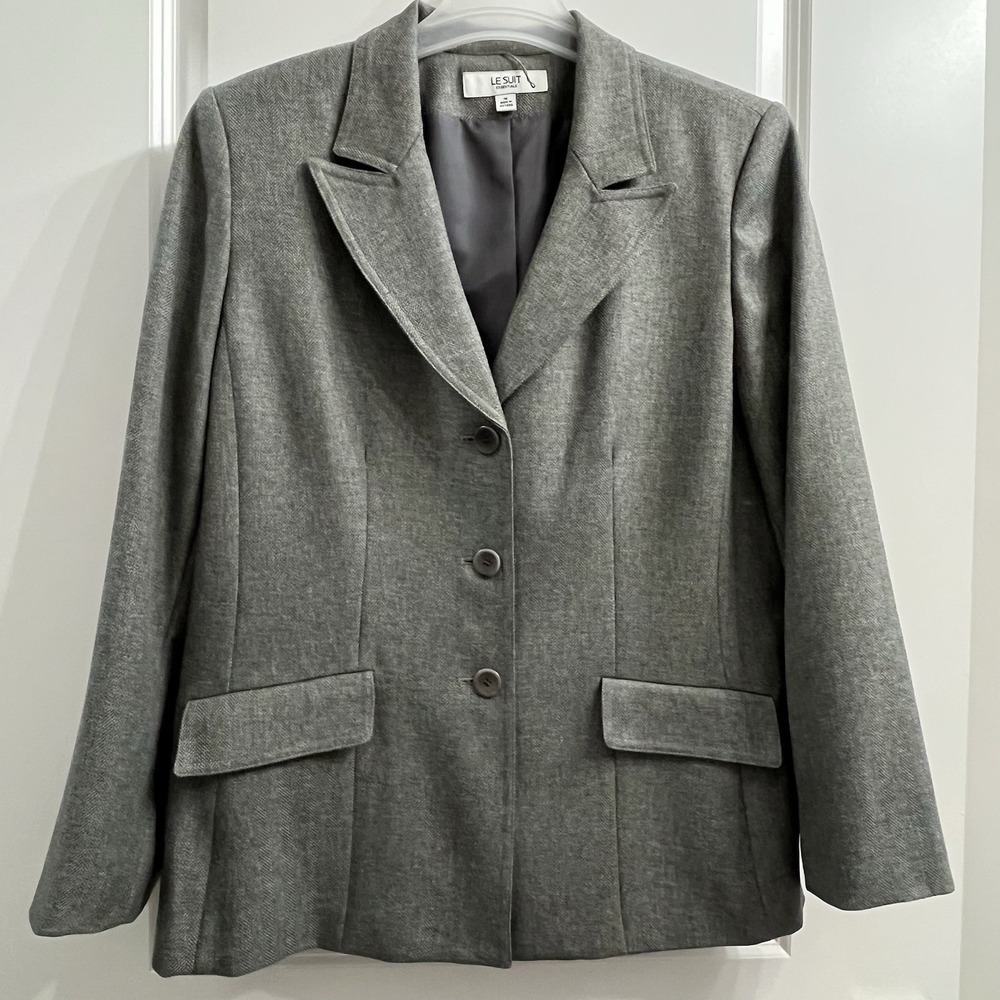 Le Suit Essentials Womens Gray Herringbone Three Button Blazer Jacket Size 16